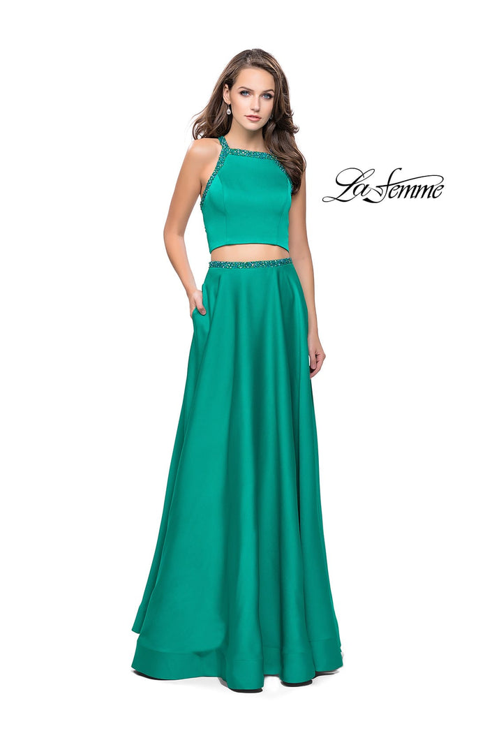Picture of: Satin Two Piece Prom Dress with Beaded Trim in Jade, Style: 25978, Main Picture