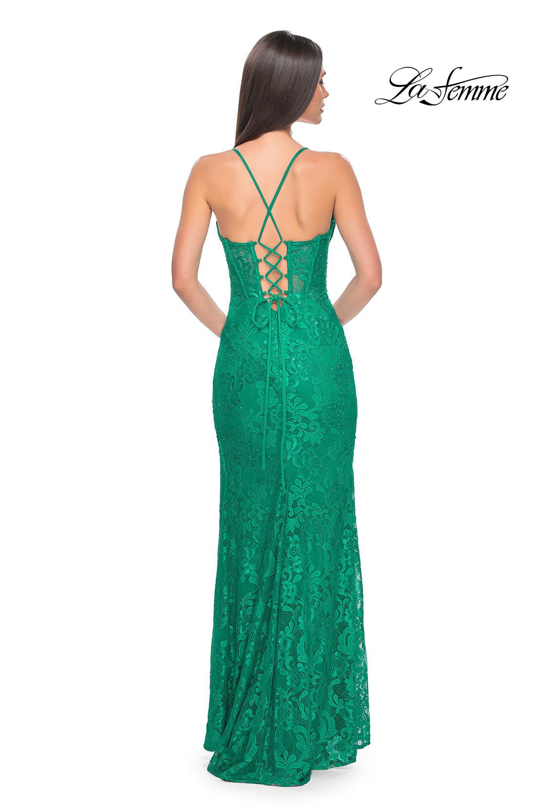 Picture of: Stretch Lace Dress with Bustier Top and Illusion Back in Jade, Style: 32248, Detail Picture 8