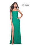Picture of: Rhinestone Embellished Jersey Gown with Square Neckline in Jade, Style: 32058, Detail Picture 13