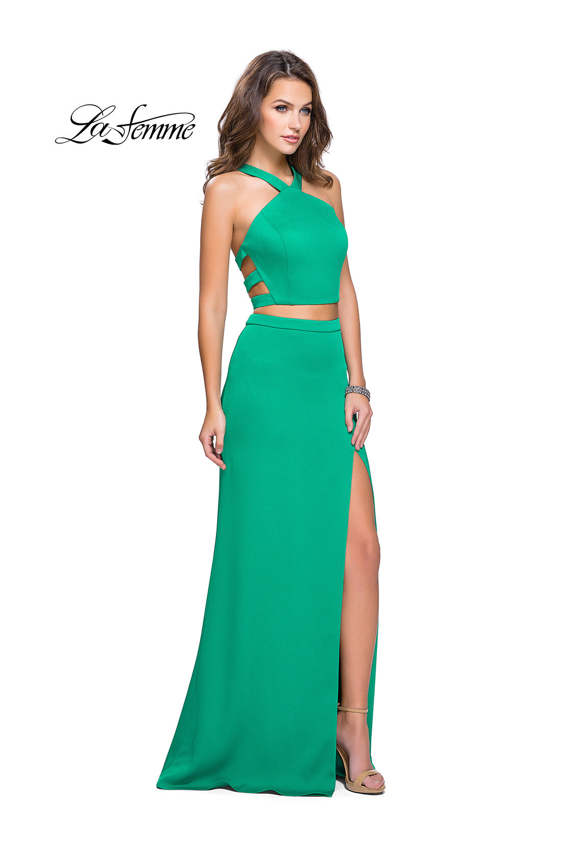 Picture of: Halter Two Piece Satin Prom Dress with Caged Back in Jade, Style: 26171, Detail Picture 1