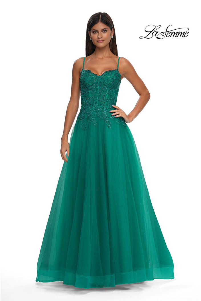 Picture of: Lace and Tulle A-line Prom Dress with High Slit in Jade , Style: 32646, Detail Picture 7
