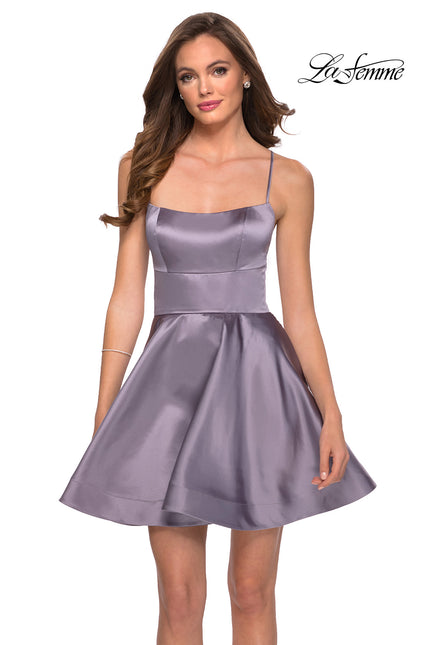 Picture of: Satin Fit and Flare Short Dress with Lace Up Open Back in Lavender Gray, Style: 29342, Main Picture