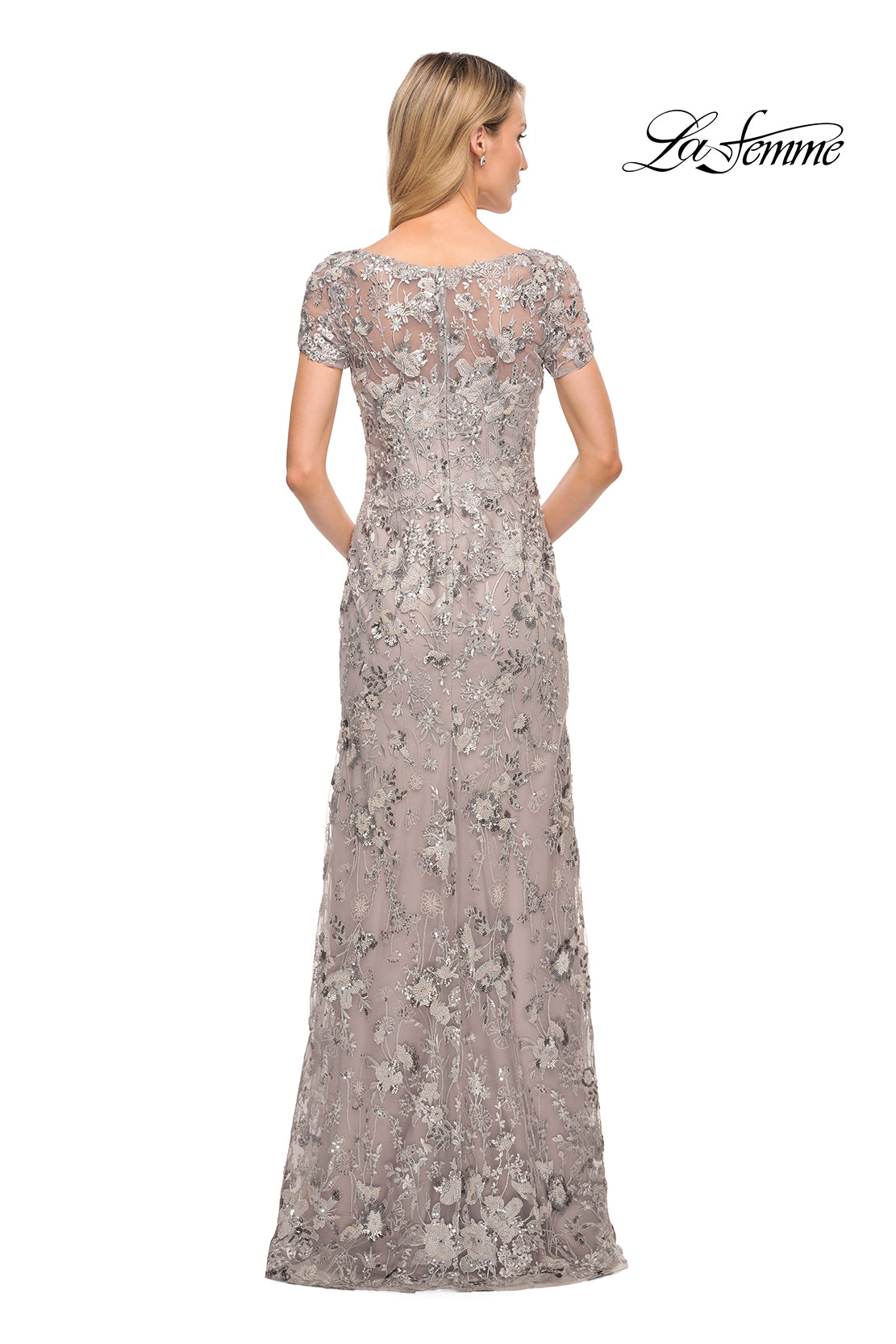 Picture of: Glamorous Beaded Lace Column Dress with Short Sleeves in Purple, Style: 30053, Back Picture