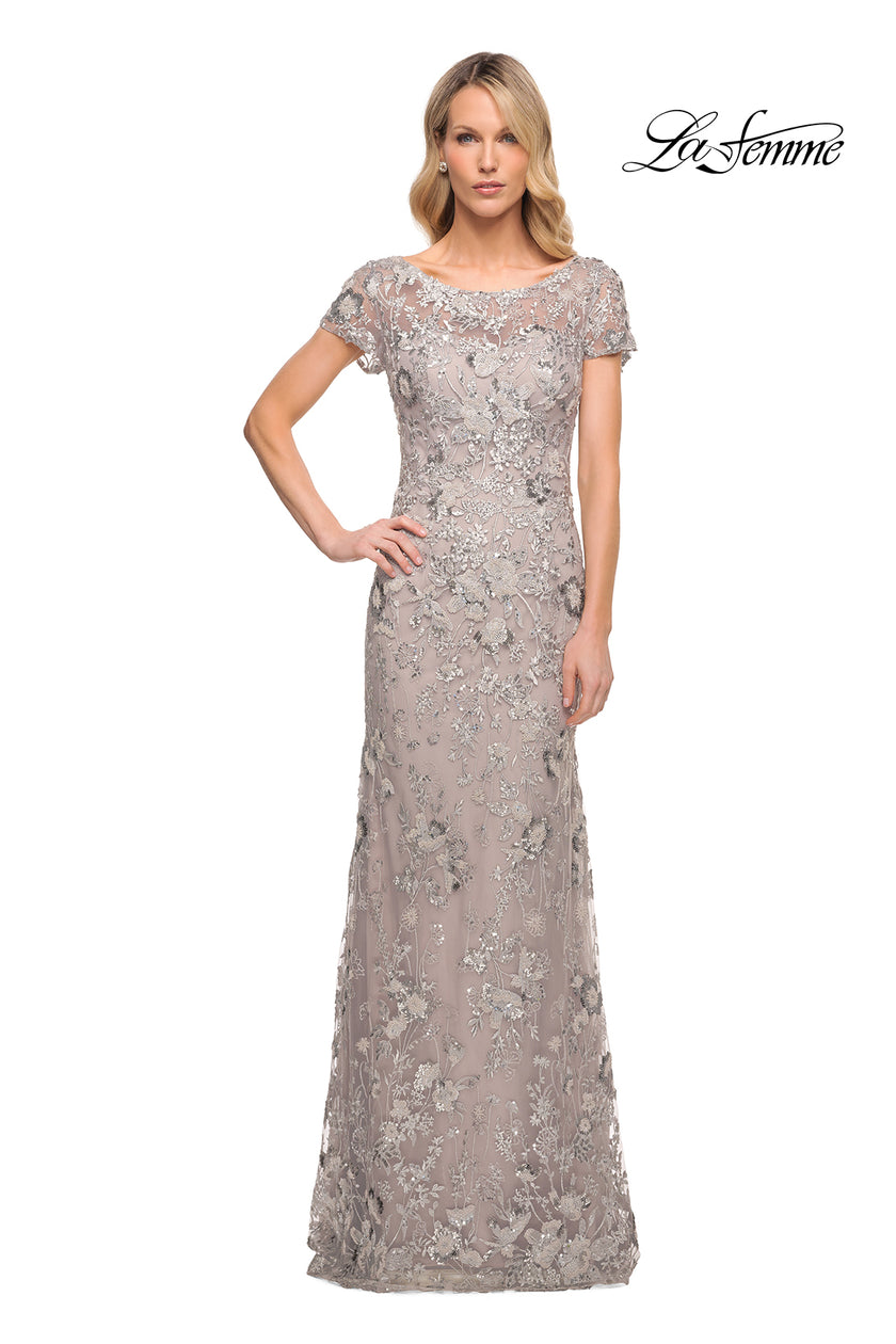 Picture of: Glamorous Beaded Lace Column Dress with Short Sleeves in Purple, Style: 30053, Detail Picture 1