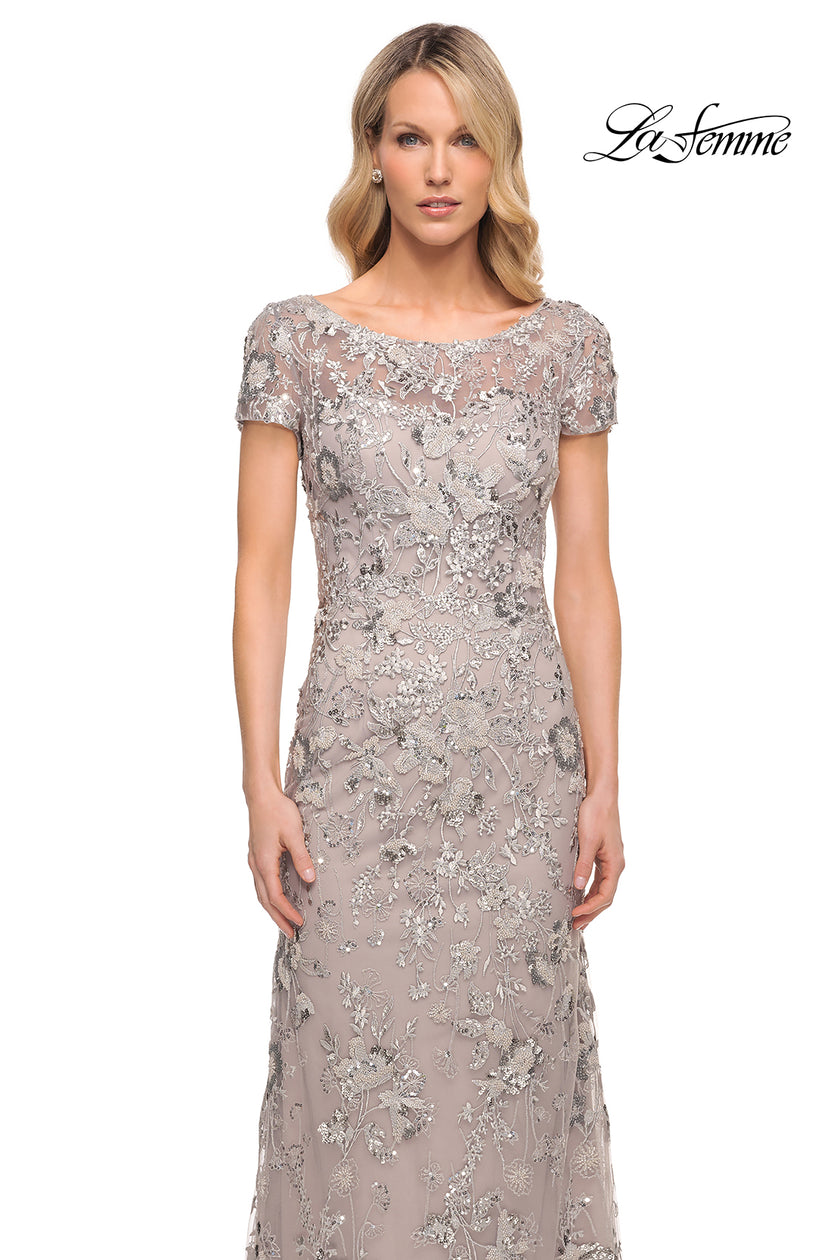 Picture of: Glamorous Beaded Lace Column Dress with Short Sleeves in Purple, Style: 30053, Detail Picture 3