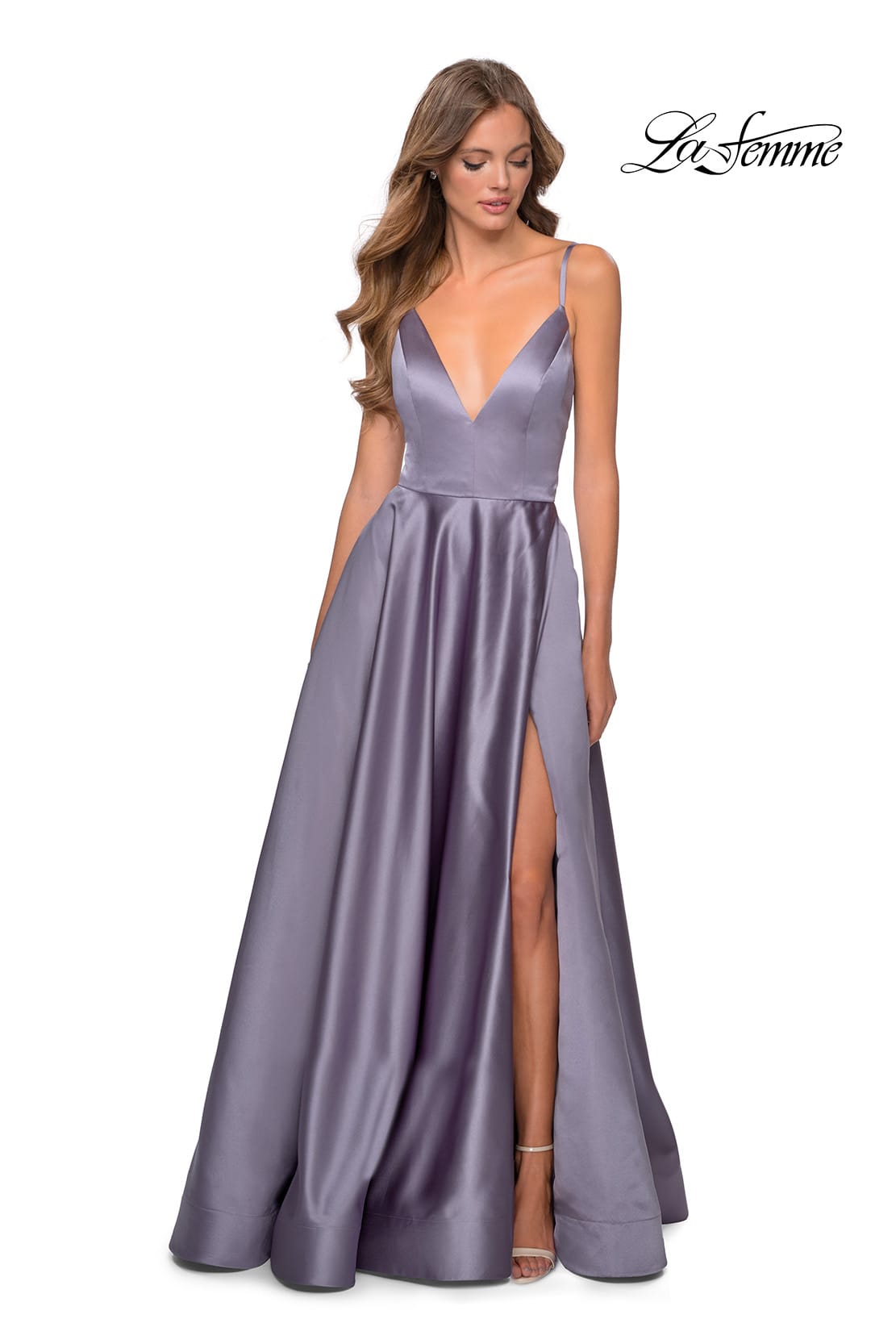 Picture of: V-Neck Satin Prom Dress with Lace Up Back in Lavender Gray, Style: 28628, Main Picture