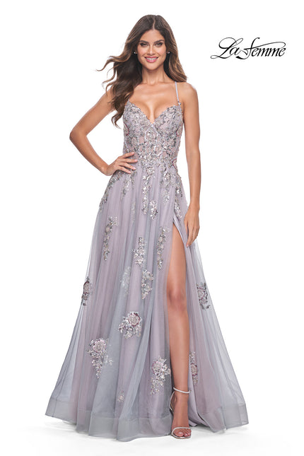 Picture of: Gorgeous Sequin and Beaded Lace Applique Tulle Gown in Lavender Gray, Style: 32200, Main Picture
