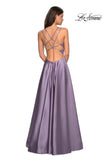 Picture of: Long Satin Formal Gown with Leg Slit and Strappy Back in Lavender Gray, Style: 26994, Back Picture