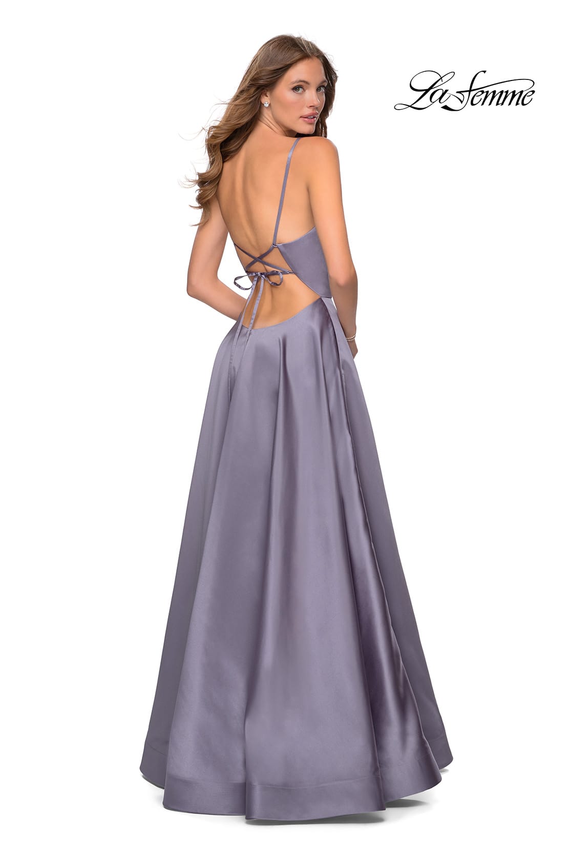 Picture of: V-Neck Satin Prom Dress with Lace Up Back in Lavender Gray, Style: 28628, Back Picture