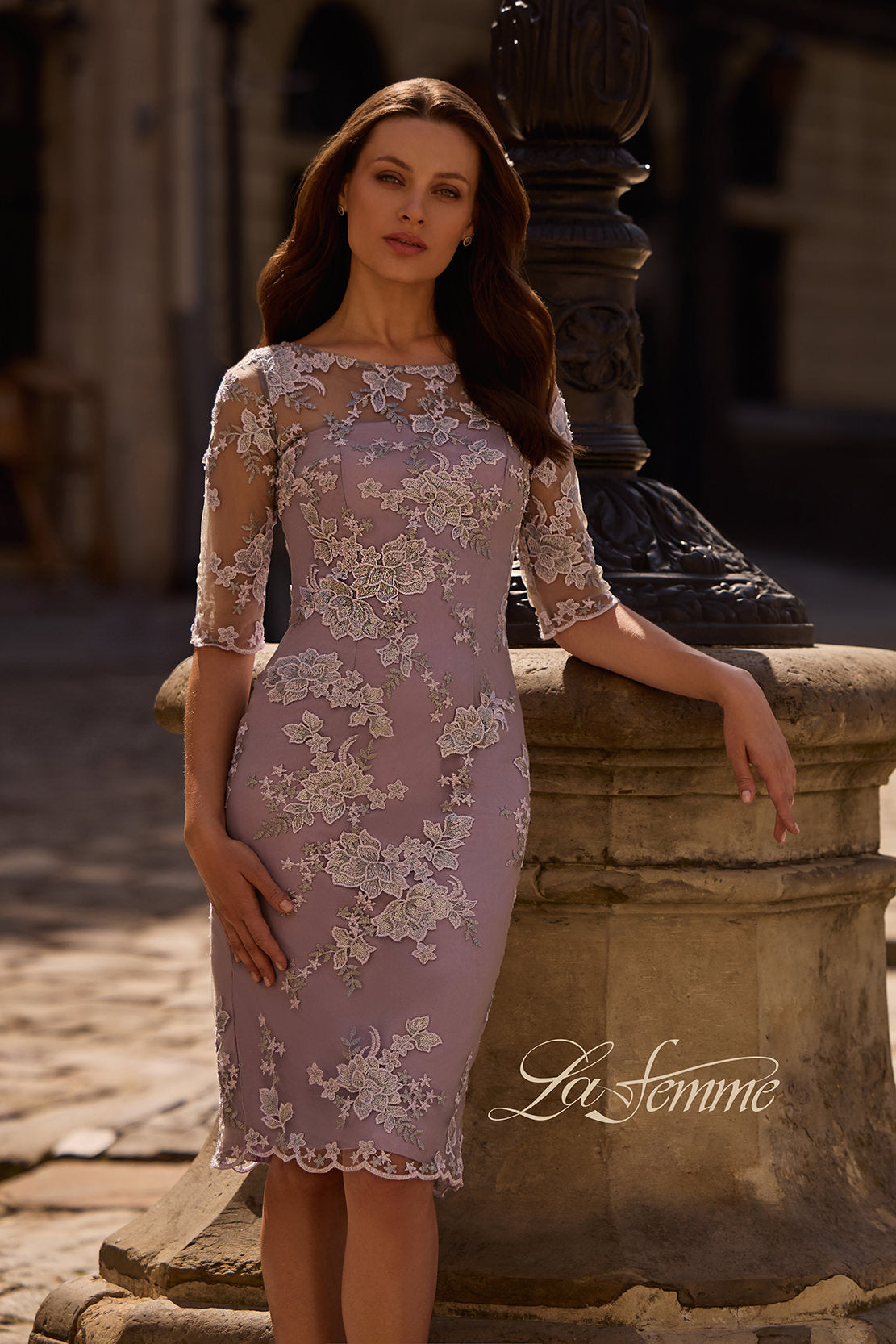 Picture of: Tea Length Lace Gown with Three Quarter Sleeves, Style: 27895, Main Picture