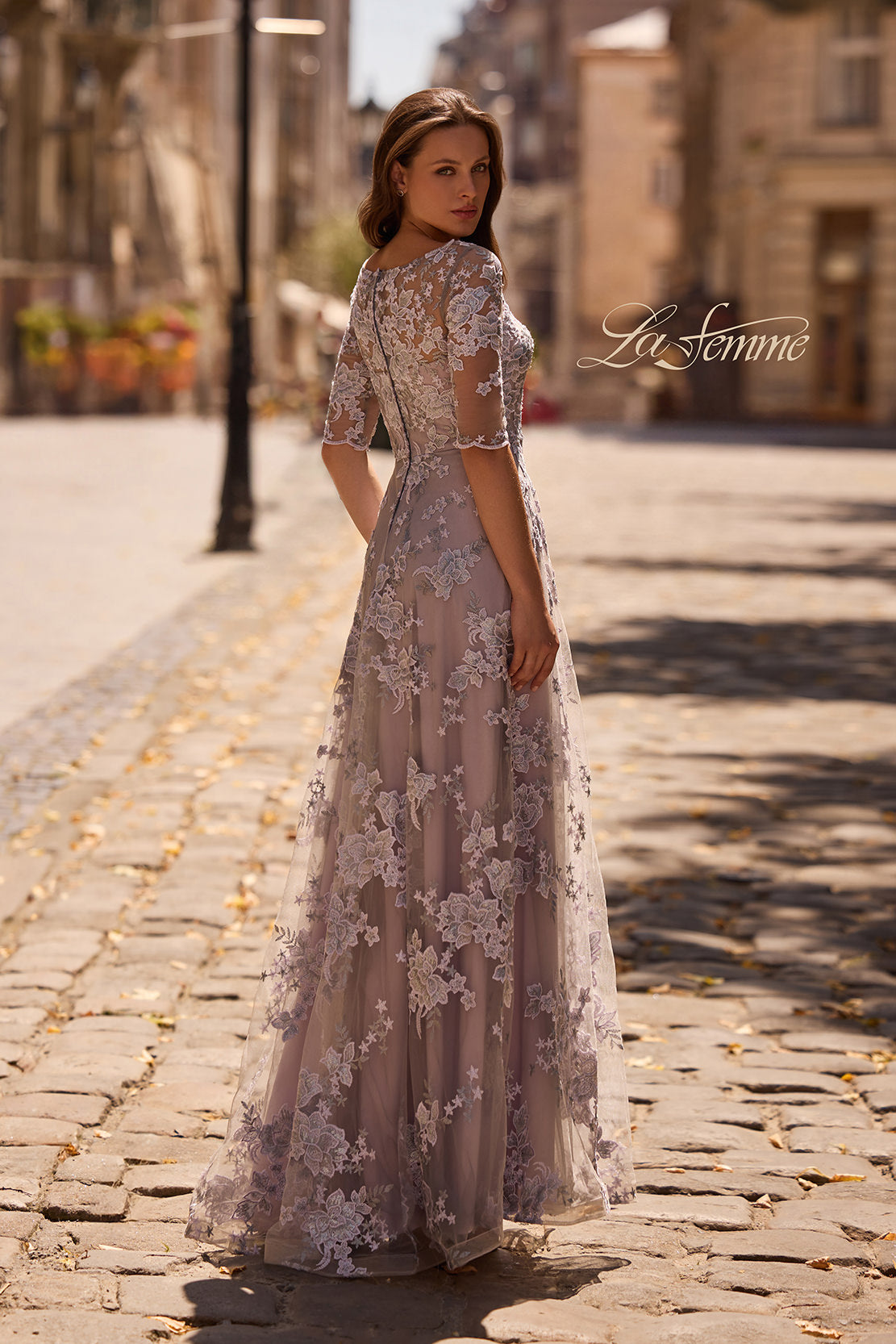Picture of: Cap Sleeve Long Evening Gown with Lace Detailing, Style: 27854, Back Picture