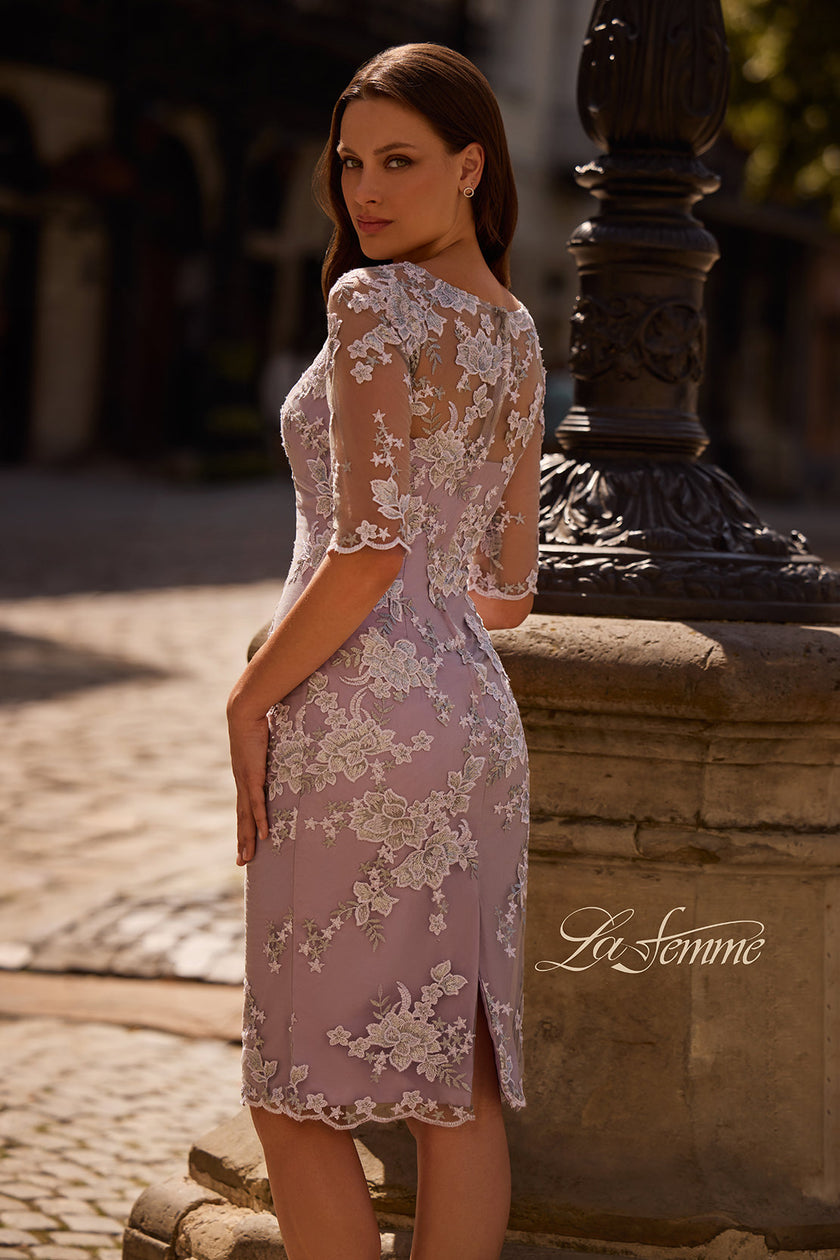 Picture of: Tea Length Lace Gown with Three Quarter Sleeves, Style: 27895, Back Picture