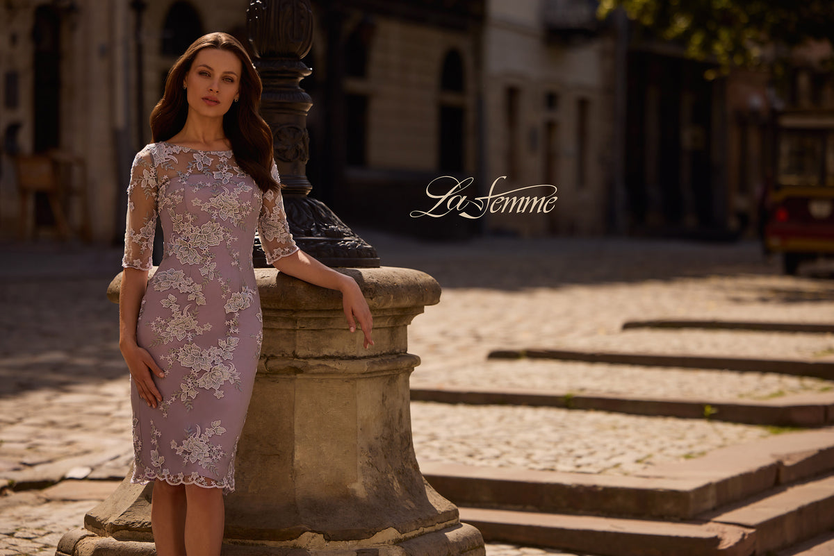 Picture of: Tea Length Lace Gown with Three Quarter Sleeves, Style: 27895, Detail Picture 1, Landscape