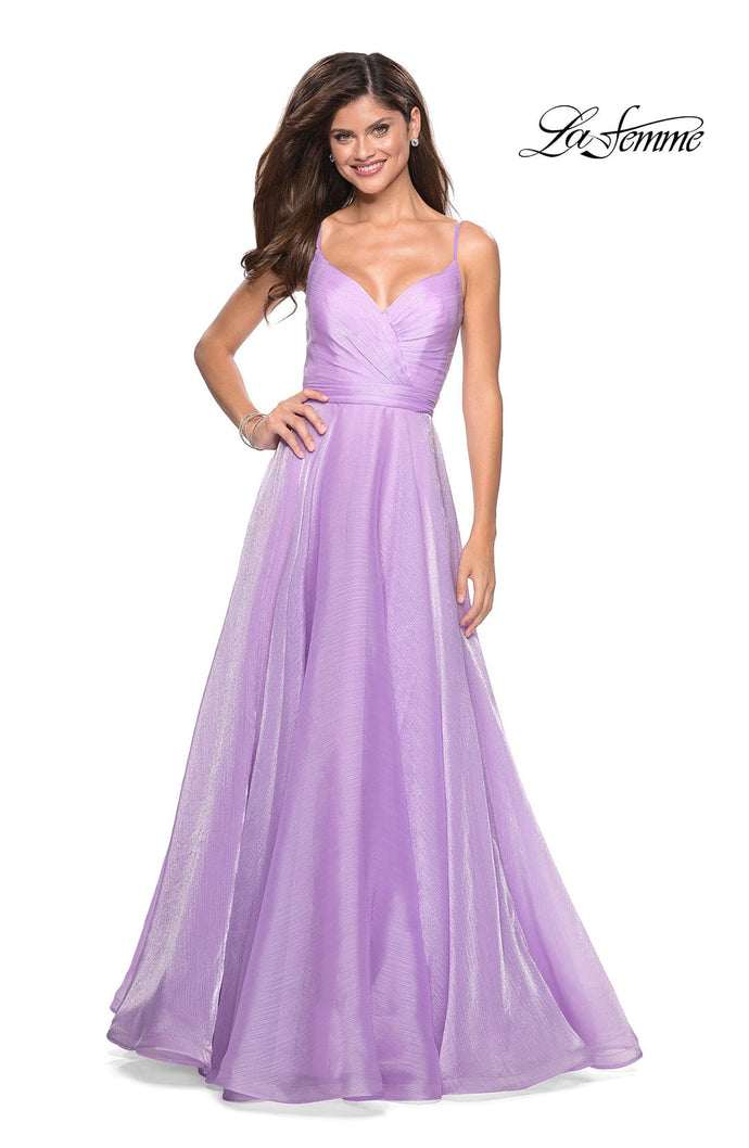 Picture of: Long Metallic Chiffon Dress with Ruching and V Back in Lavender, Style: 27616, Main Picture