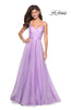 Picture of: Long Metallic Chiffon Dress with Ruching and V Back in Lavender, Style: 27616, Main Picture