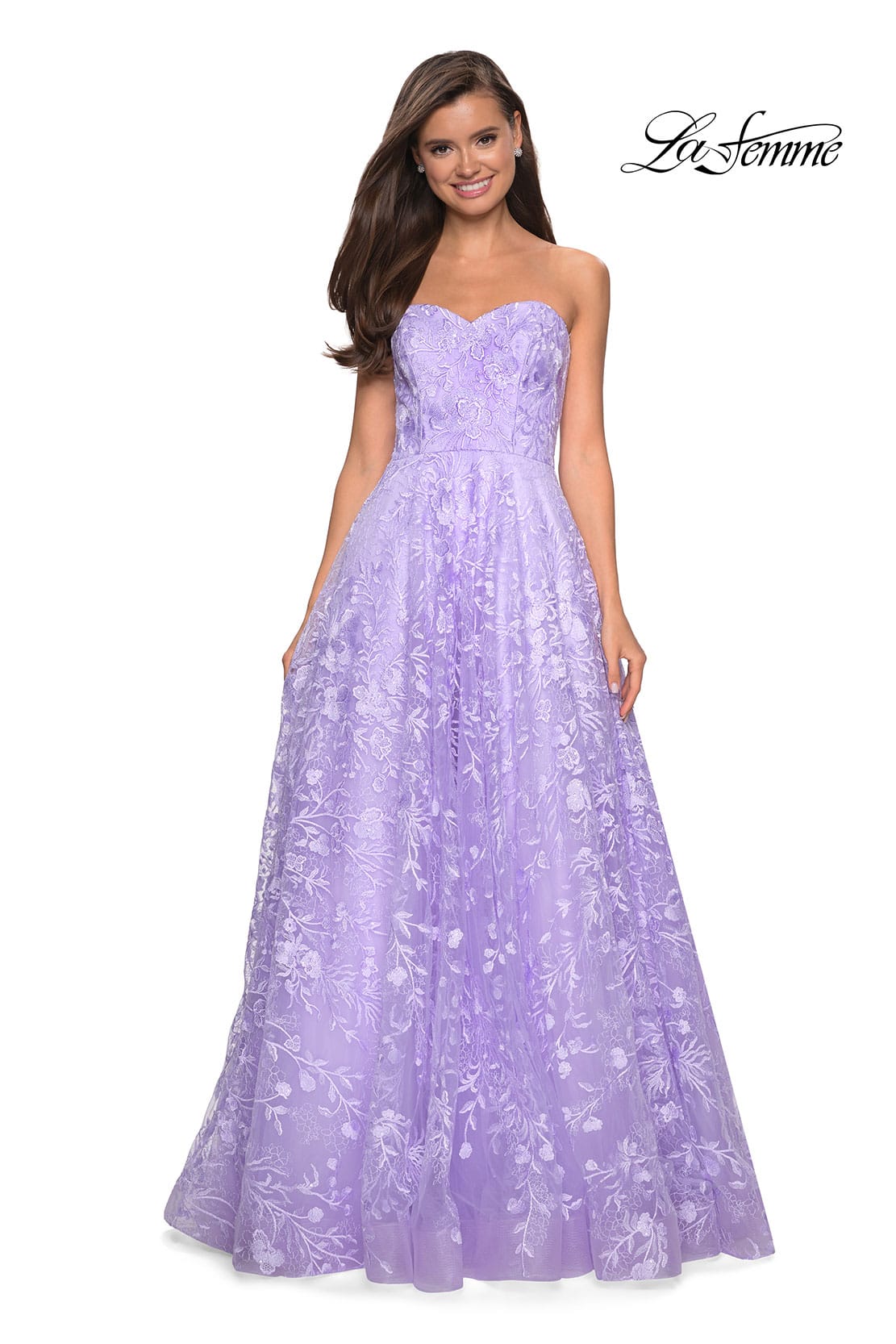 Picture of: Strapless A-Line Gown with Floral Embroidery in Lavender, Style: 27746, Main Picture
