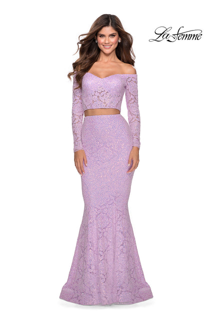 Picture of: Lace Sleeve Lace and Sequin Two Piece Prom Dress in Lavender, Style: 28666, Main Picture