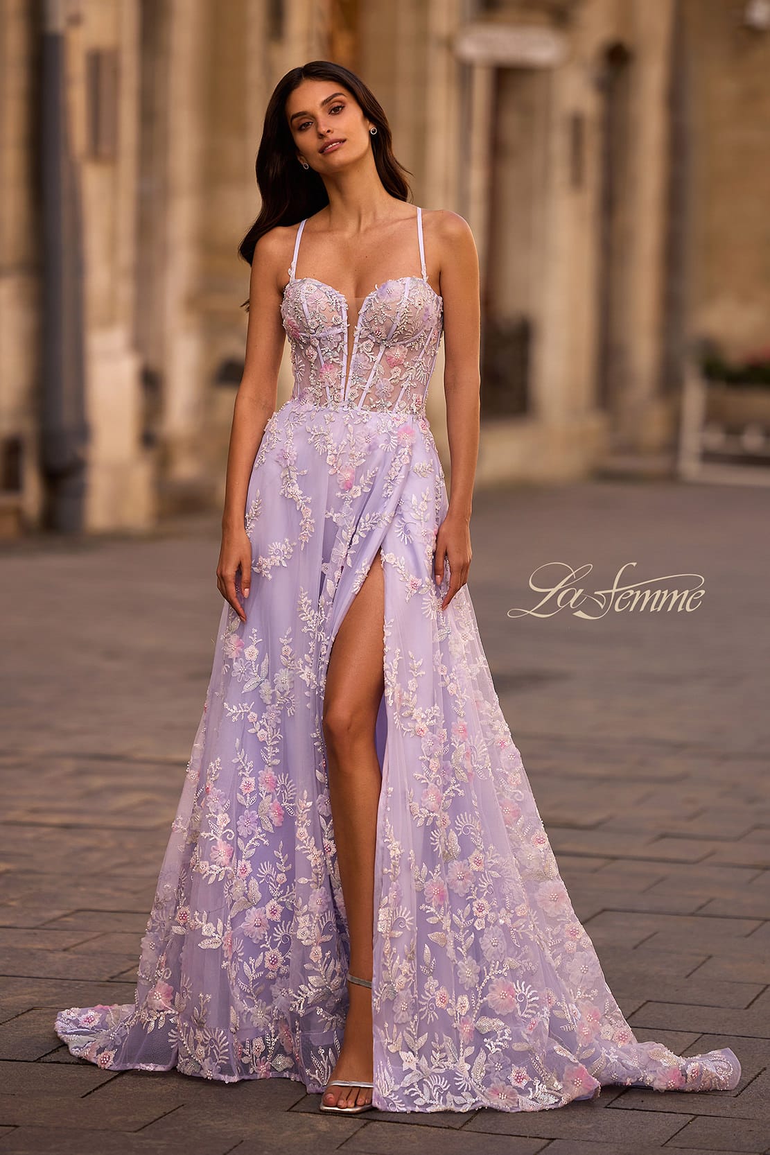 Picture of: Stunning Floral Tulle Gown with Corset Top and Slit in Lavender , Style 32695, Main Picture