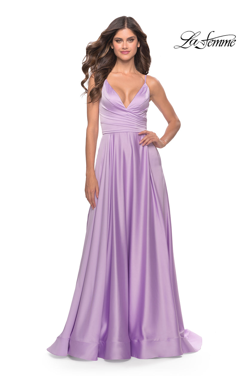 Picture of: A-Line Satin Gown with Ruched Bodice and V Neck in Lavender, Style: 31505, Detail Picture 8