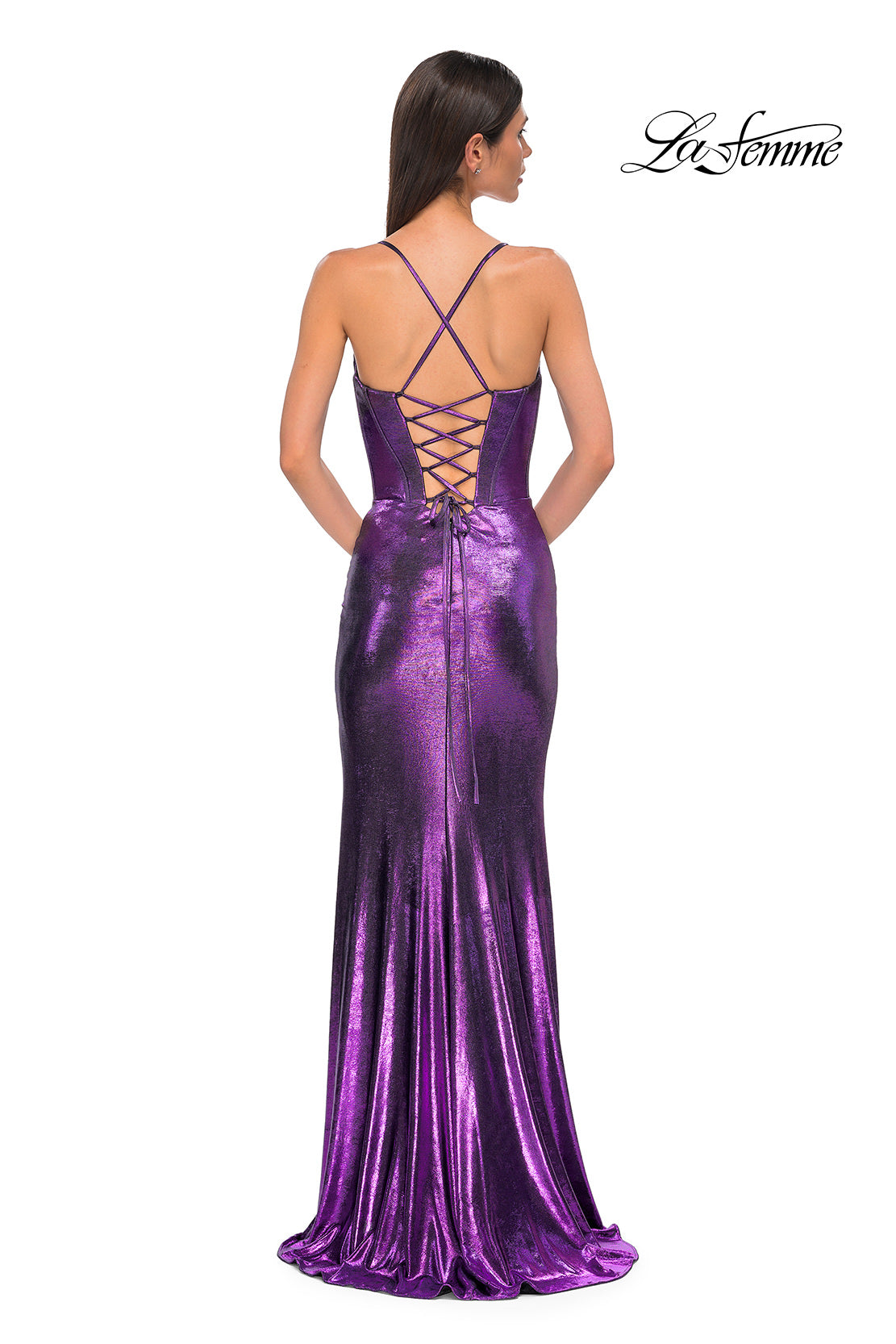 Picture of: Fitted Metallic Jersey Prom Dress with Corset Style Top in Lavender , Style 32877, Detail Picture 8