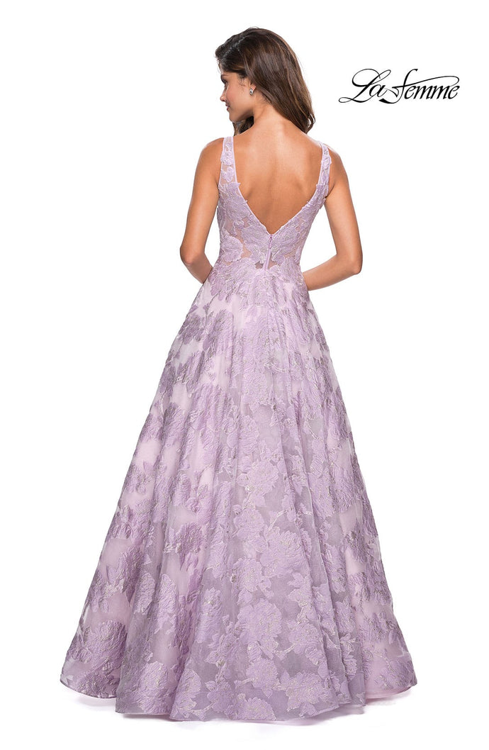 Picture of: Floral A Line Dress with Sheer Bodice and V Back in Lavender, Style: 27505, Back Picture