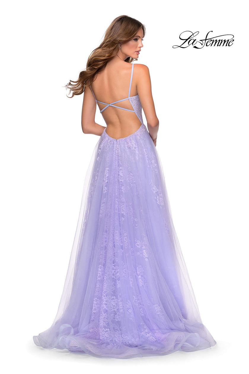 Picture of: Floral Lace A-line Prom Gown with Tulle Overlay in Lavender, Style: 28387, Back Picture