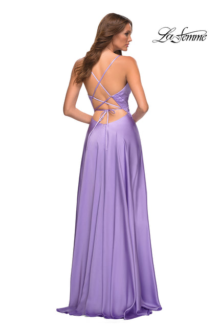Picture of: Bright Satin Gown with Criss-Cross Ruched Top in Purple, Style: 30662, Back Picture