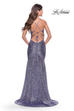 Picture of: Long Sequin Gown with Dramatic Flare Skirt and Slit in Bright Colors in Lavender, Style: 31431, Back Picture