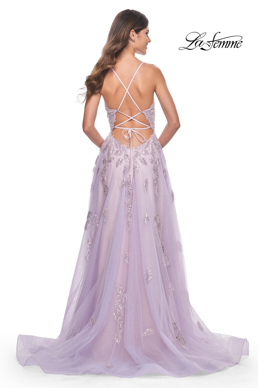 Picture of: Two Tone Tulle A-Line Prom Dress with Floral Beaded Detail in Lavender, Style: 32090, Back Picture