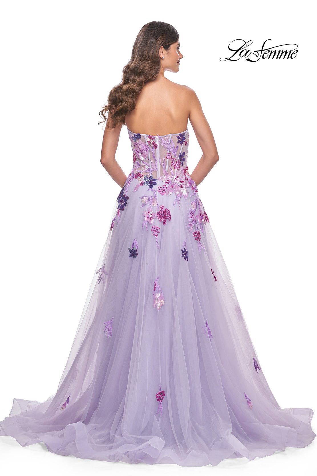 Picture of: Strapless A-Line Gown with Multi Color Sequin Lace Detail in Lavender, Style: 32156, Back Picture
