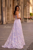 Picture of: Stunning Floral Tulle Gown with Corset Top and Slit in Lavender , Style 32695, Back Picture