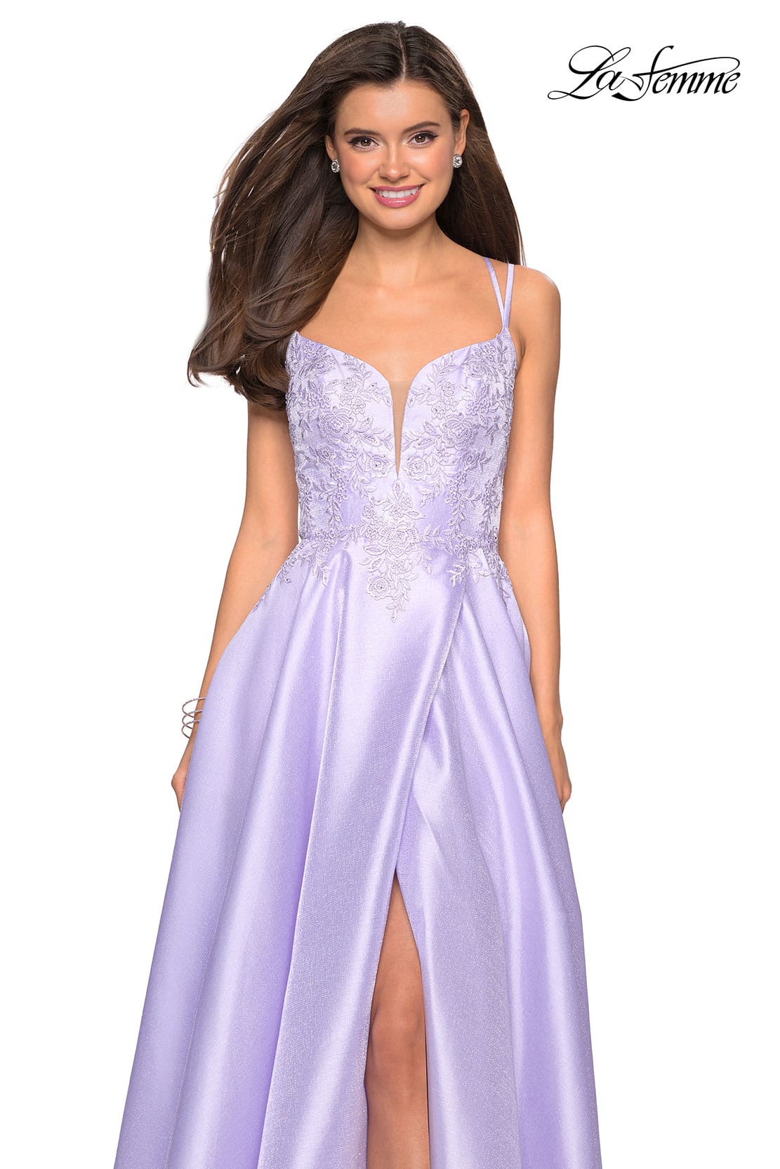 Picture of: Long Ball Gown with Lace and Rhinestone Bodice in Lavender, Style: 27528, Detail Picture 1
