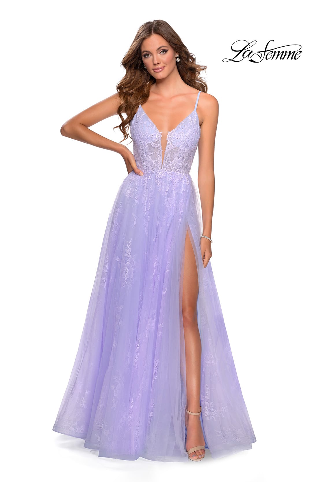 Picture of: Floral Lace A-line Prom Gown with Tulle Overlay in Lavender, Style: 28387, Detail Picture 1