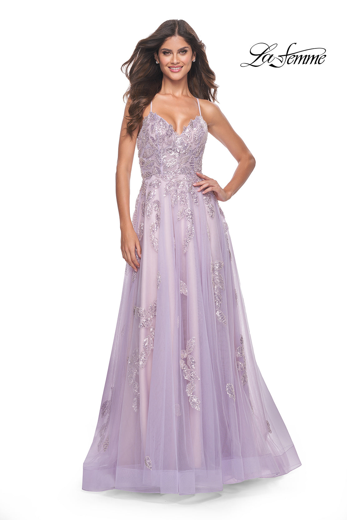 Picture of: Two Tone Tulle A-Line Prom Dress with Floral Beaded Detail in Lavender, Style: 32090, Detail Picture 1