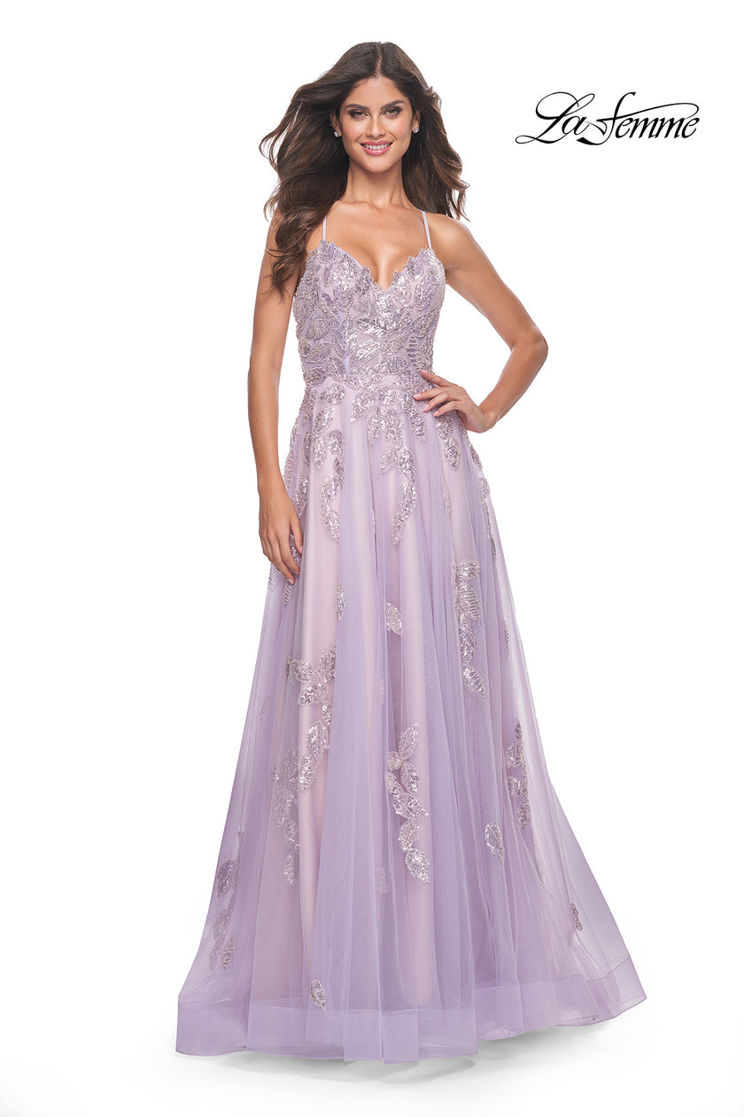 Picture of: Two Tone Tulle A-Line Prom Dress with Floral Beaded Detail in Lavender, Style: 32090, Detail Picture 1