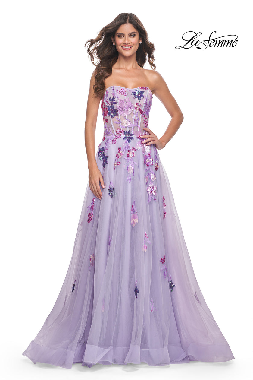 Picture of: Strapless A-Line Gown with Multi Color Sequin Lace Detail in Lavender, Style: 32156, Detail Picture 1
