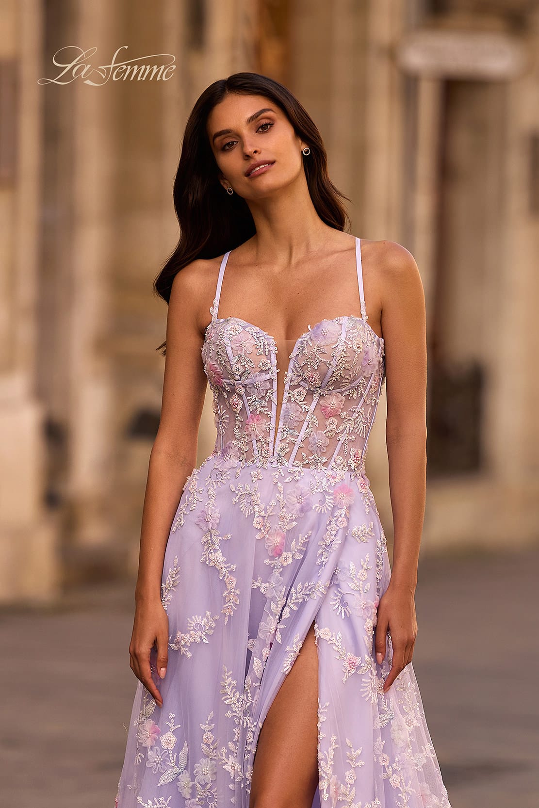 Picture of: Stunning Floral Tulle Gown with Corset Top and Slit in Lavender , Style 32695, Detail Picture 1