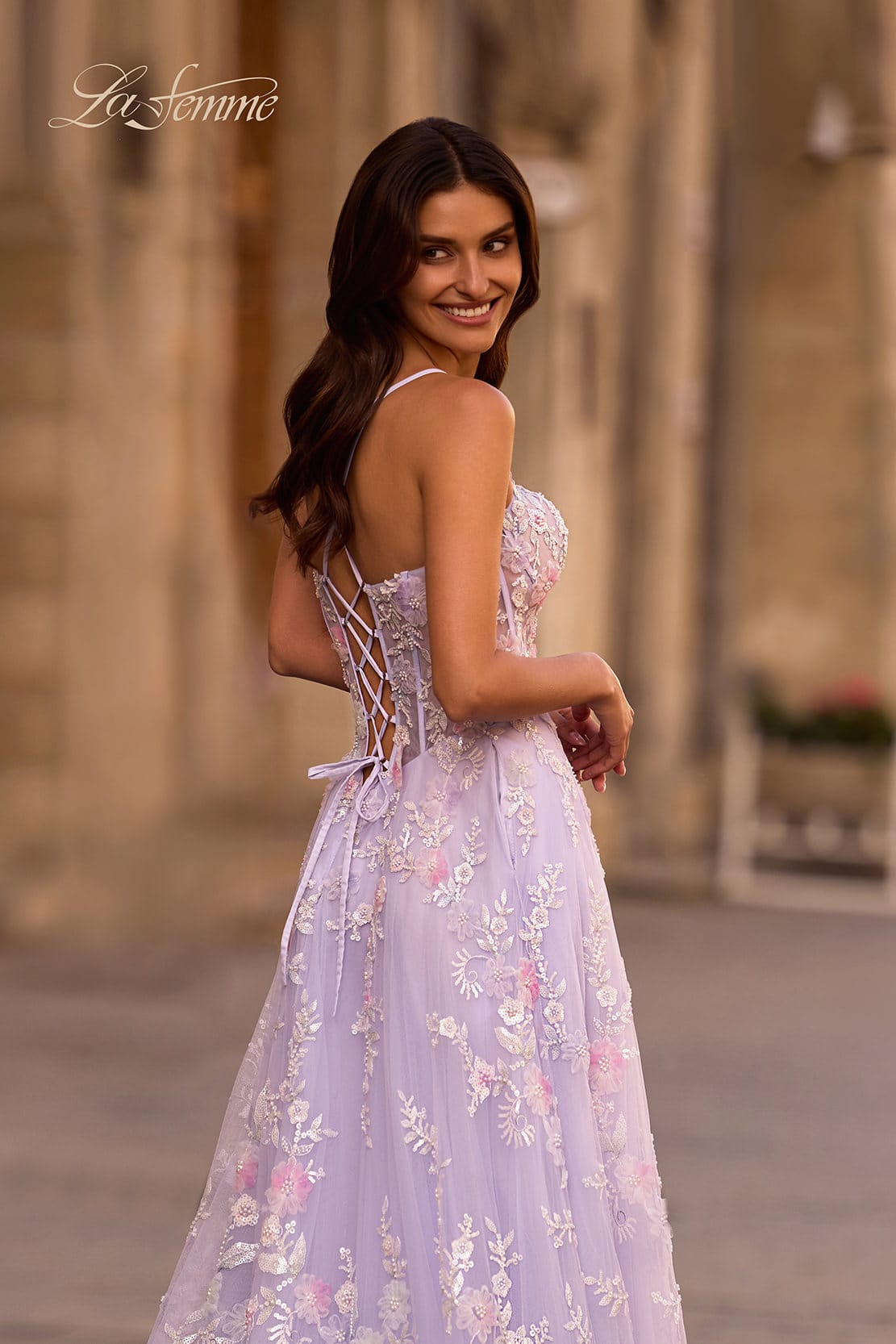 Picture of: Stunning Floral Tulle Gown with Corset Top and Slit in Lavender , Style 32695, Detail Picture 2