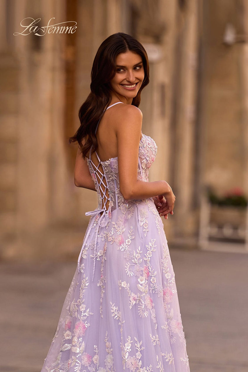 Picture of: Stunning Floral Tulle Gown with Corset Top and Slit in Lavender , Style 32695, Detail Picture 2