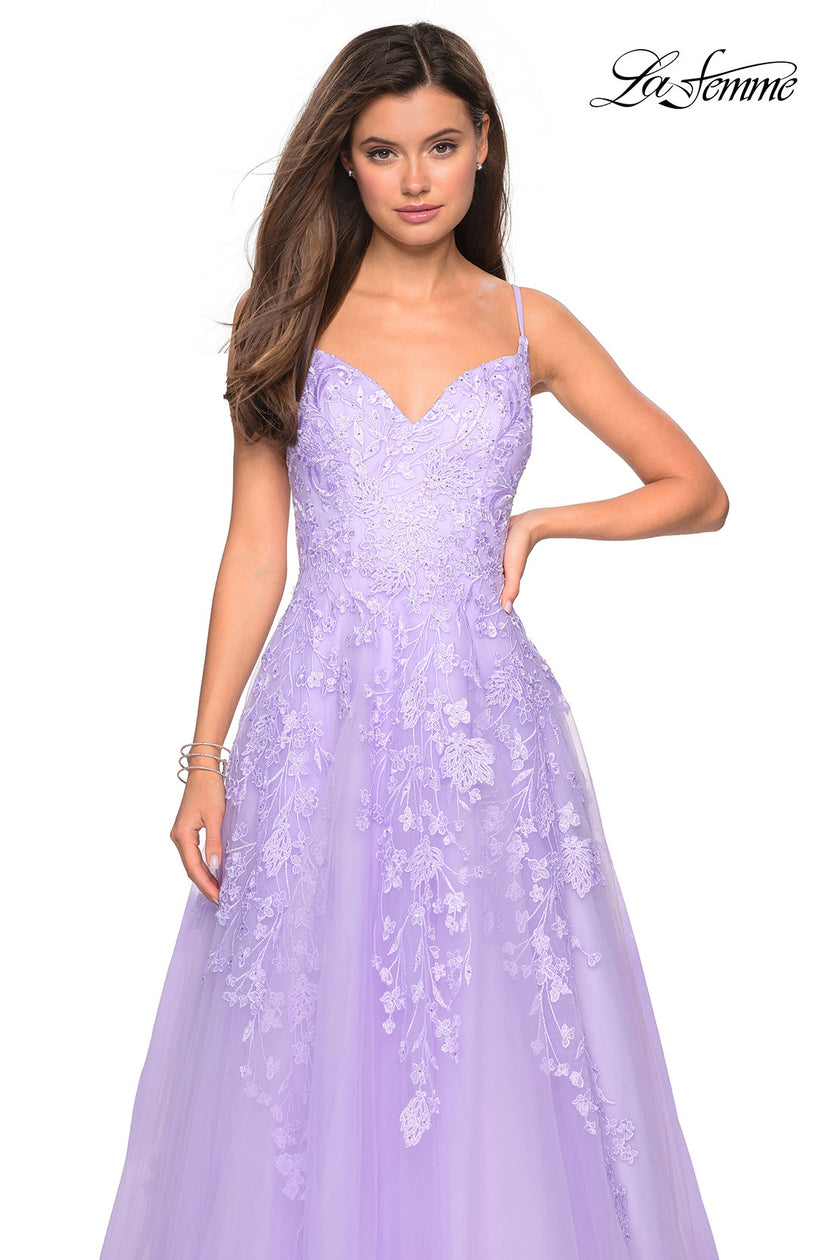 Picture of: Floral Embellished A-Line Tulle Prom Dress in Lavender, Style: 27819, Detail Picture 3