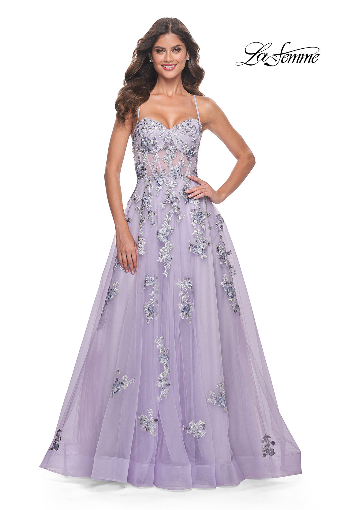 Picture of: A-Line Tulle Prom Dress with Two Tone Beautiful Lace Applique in Lavender, Style: 32221, Detail Picture 3