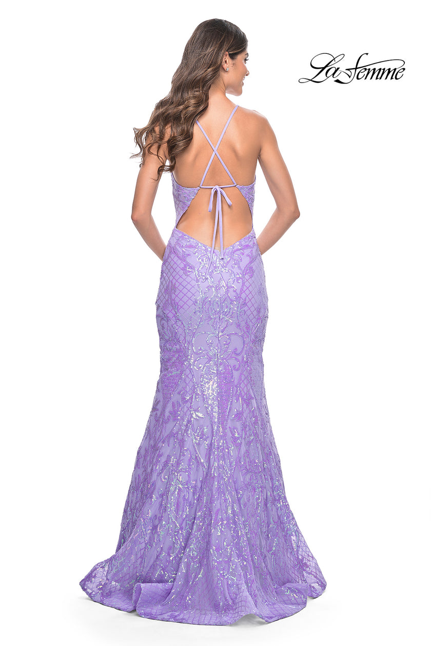 Picture of: Neon Mermaid Print Sequin Dress with Lace Up Open Back in Lavender, Style: 32337, Detail Picture 3
