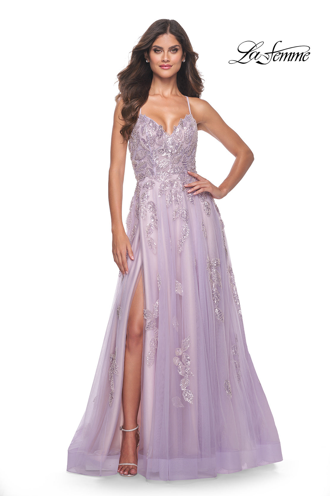 Picture of: Two Tone Tulle A-Line Prom Dress with Floral Beaded Detail in Lavender, Style: 32090, Detail Picture 4