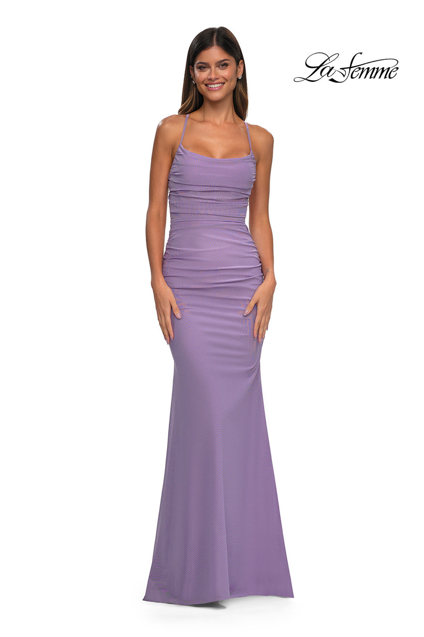 Picture of: Ruched Net Jersey Gown with Square Neckline in Lavender, Style: 33086, Detail Picture 7