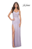 Picture of: Fishnet Rhinestone Fitted Dress with Bustier Top and High Neckline in Lavender, Style: 32227, Detail Picture 13