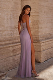 Picture of: Fishnet Rhinestone Fitted Dress with Bustier Top and High Neckline in Lavender, Style: 32227, Back Picture