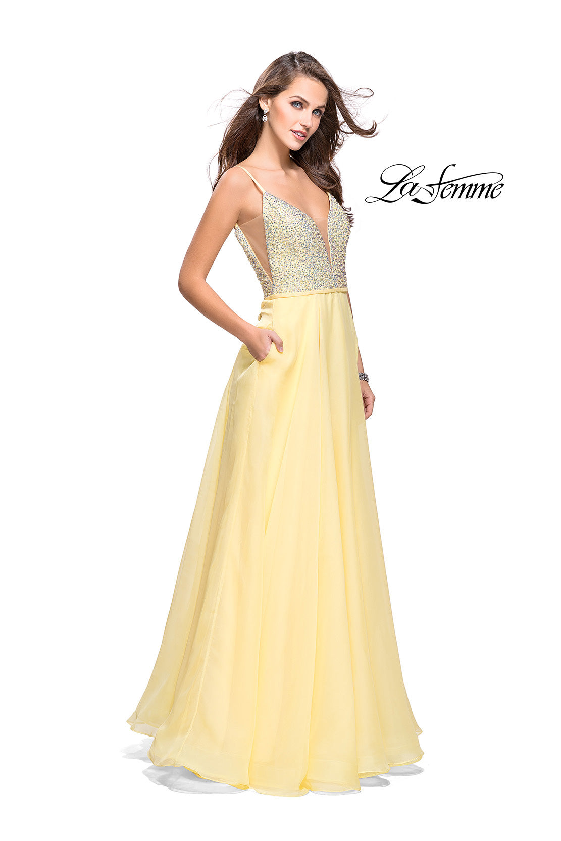 Picture of: A-line Chiffon Prom Gown with Pearl Beaded Bodice in Lemon, Style: 26278, Main Picture