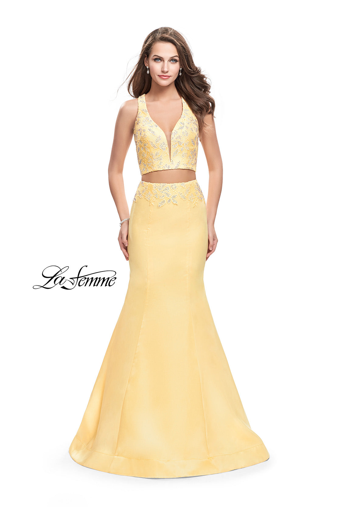 Picture of: Mikado Two Piece Mermaid Gown with Beaded Lace Top in Lemon, Style: 26311, Main Picture