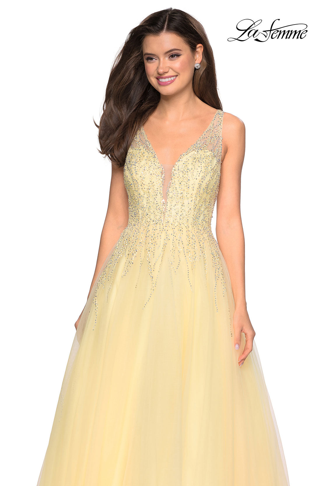 Picture of: A-Line Prom Dress with Rhinestones and Deep V Back in Lemon, Style: 27688, Detail Picture 8