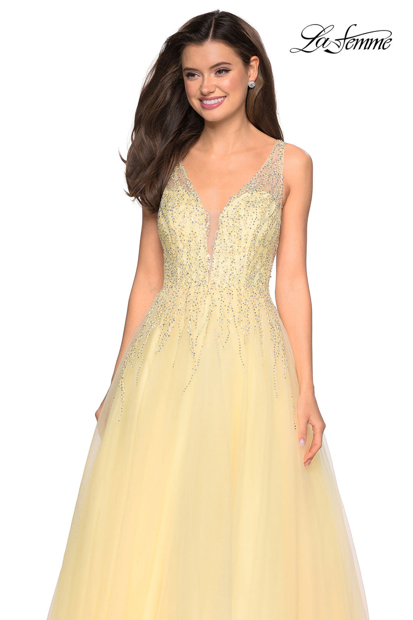 Picture of: A-Line Prom Dress with Rhinestones and Deep V Back in Lemon, Style: 27688, Detail Picture 8